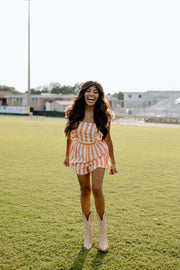 End Zone Square Neck Striped Ruffle Romper (Orange)