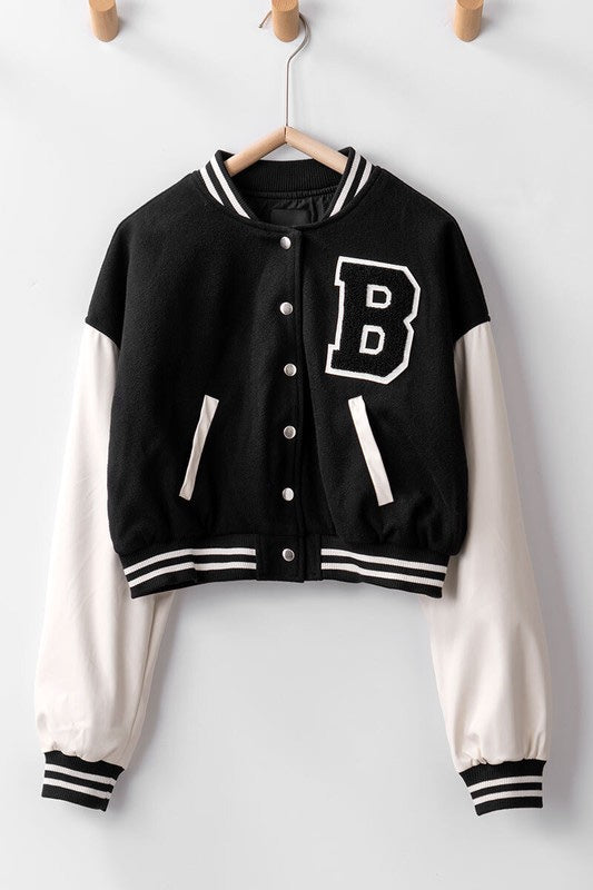 Baseball Faux Leather Cropped Jacket (Black)