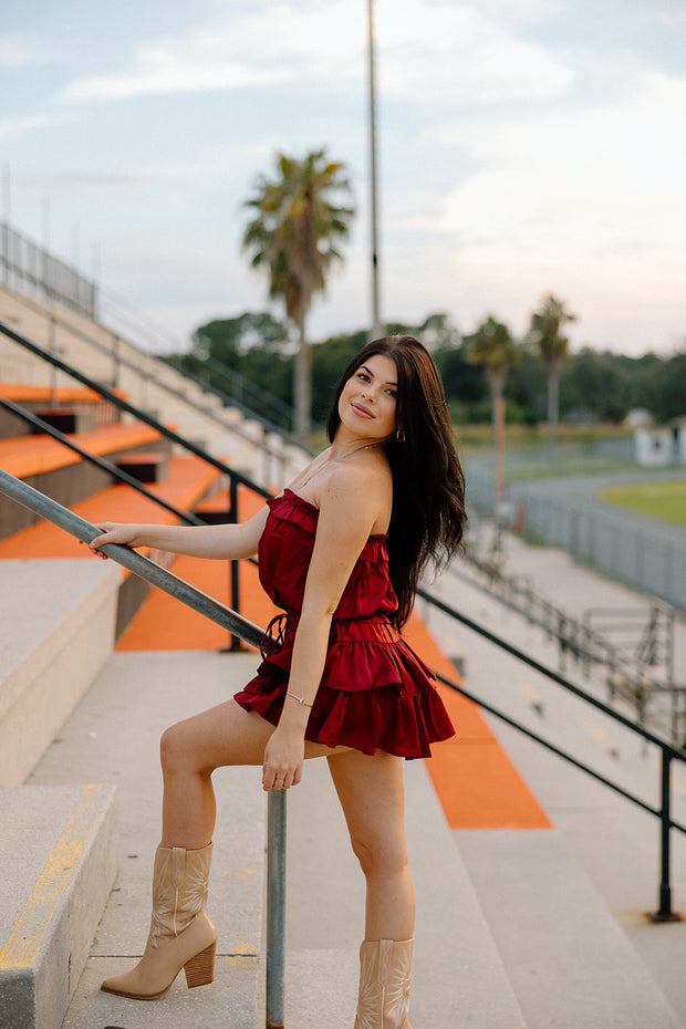 Go Long Strapless Ruffle Romper (Burgundy)