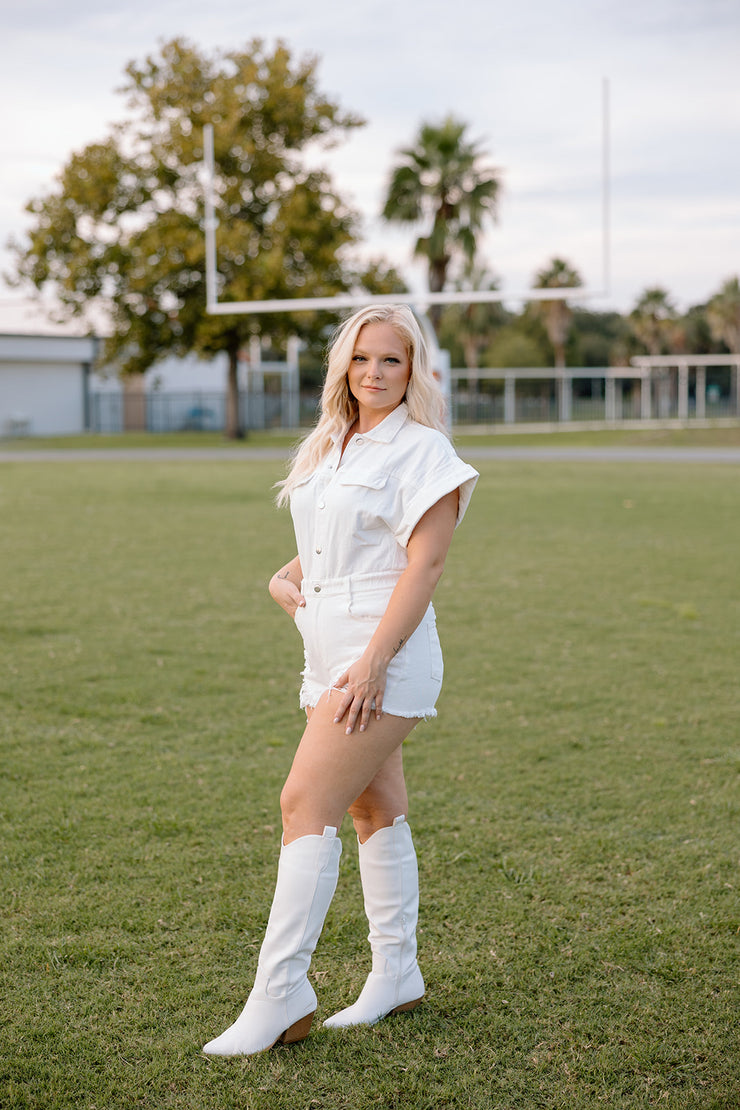 Game Time Distressed Denim Romper (White)