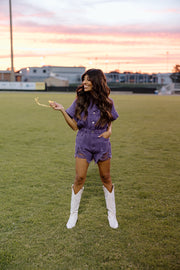 Game Time Distressed Denim Romper (Purple)