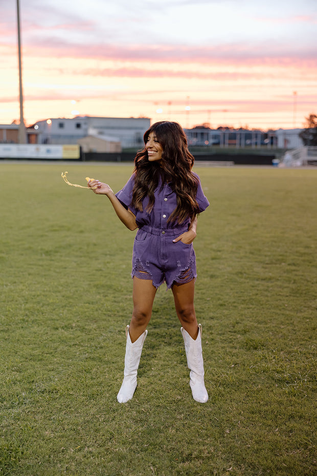 Game Time Distressed Denim Romper (Purple)