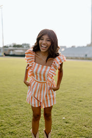 End Zone Square Neck Striped Ruffle Romper (Orange)