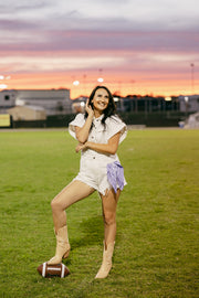 Game Time Distressed Denim Romper (White)