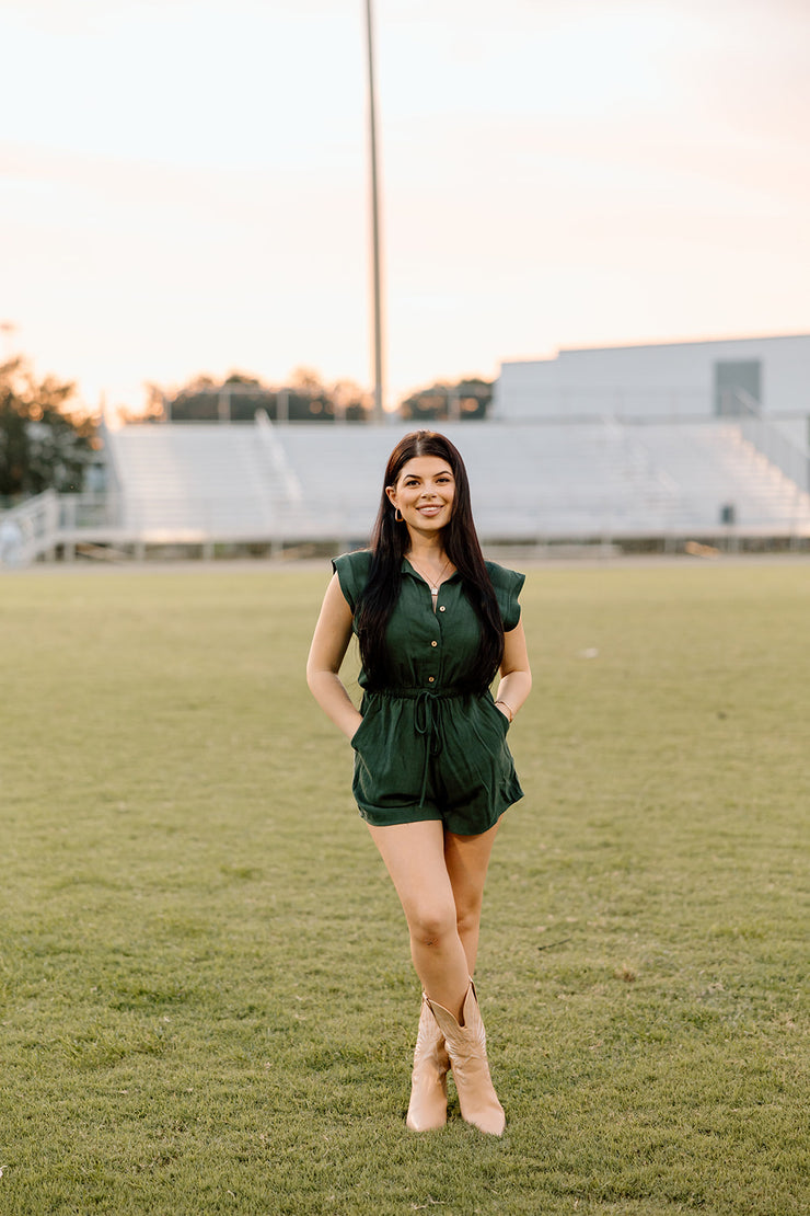 Time to Tailgate Button Down Romper (Hunter Green)