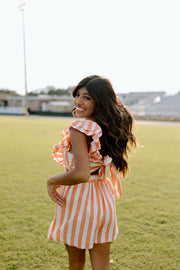 End Zone Square Neck Striped Ruffle Romper (Orange)