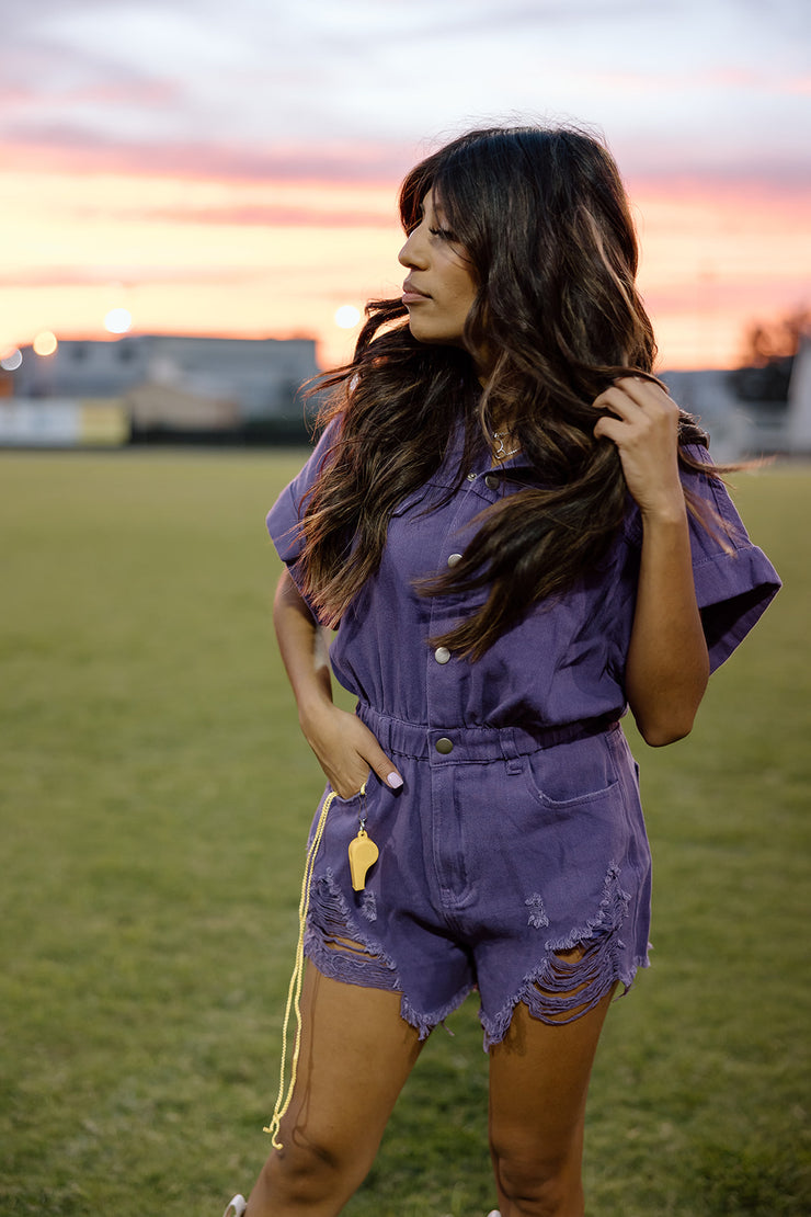 Game Time Distressed Denim Romper Purple Southern Mudd Boutique