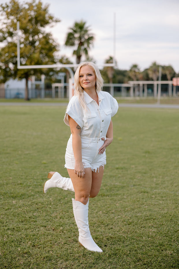 Game Time Distressed Denim Romper (White)