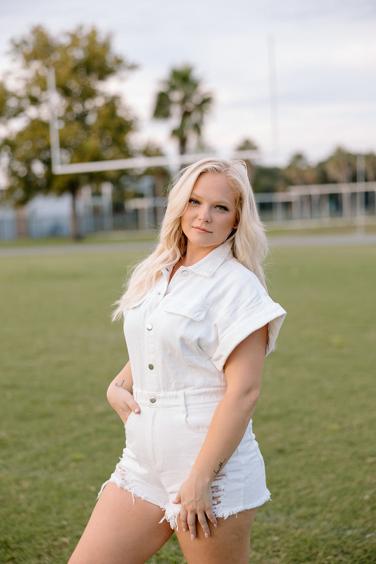 Game Time Distressed Denim Romper (White)