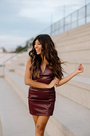 Leather & Laces Deep Cut Mini Dress (Burgundy)