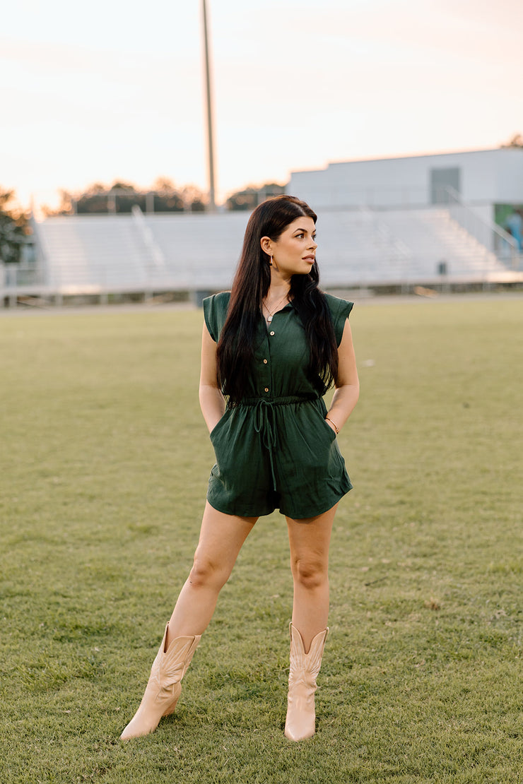 Time to Tailgate Button Down Romper (Hunter Green)