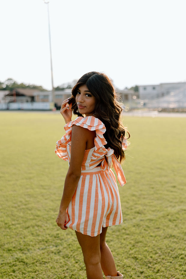 End Zone Square Neck Striped Ruffle Romper (Orange)