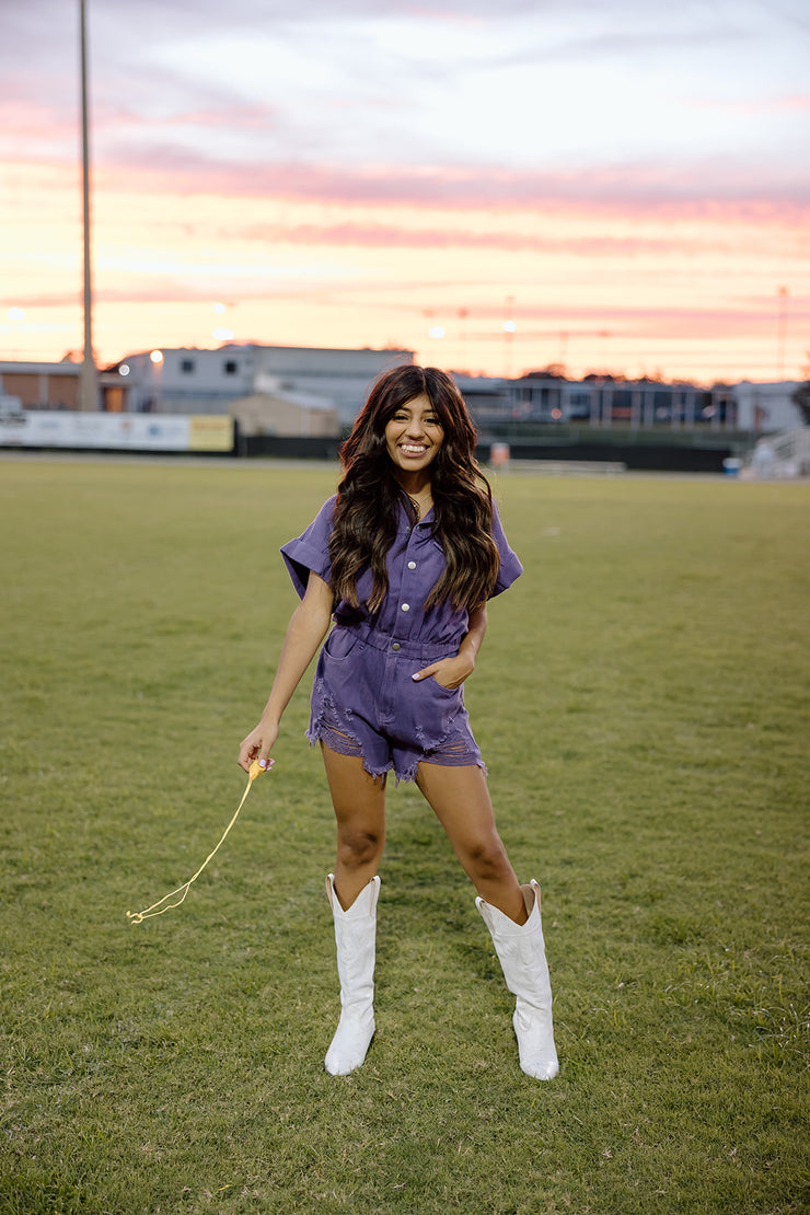 Game Time Distressed Denim Romper (Purple)