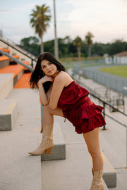 Go Long Strapless Ruffle Romper (Burgundy)