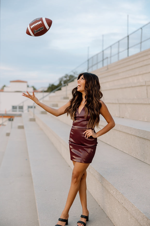 Leather & Laces Deep Cut Mini Dress (Burgundy)