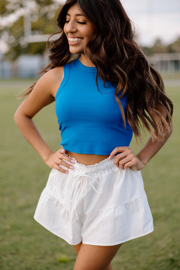 Game Day Flare Ruffle Shorts (White)