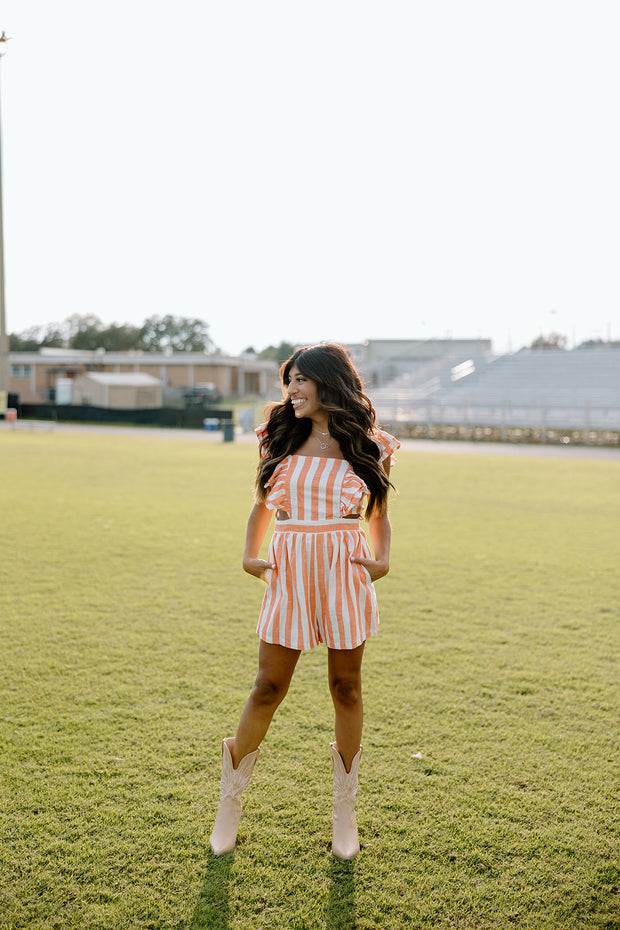 End Zone Square Neck Striped Ruffle Romper (Orange)