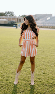 End Zone Square Neck Striped Ruffle Romper (Orange)