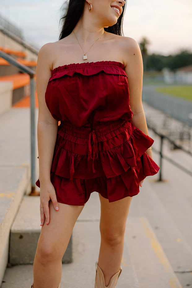 Go Long Strapless Ruffle Romper (Burgundy)