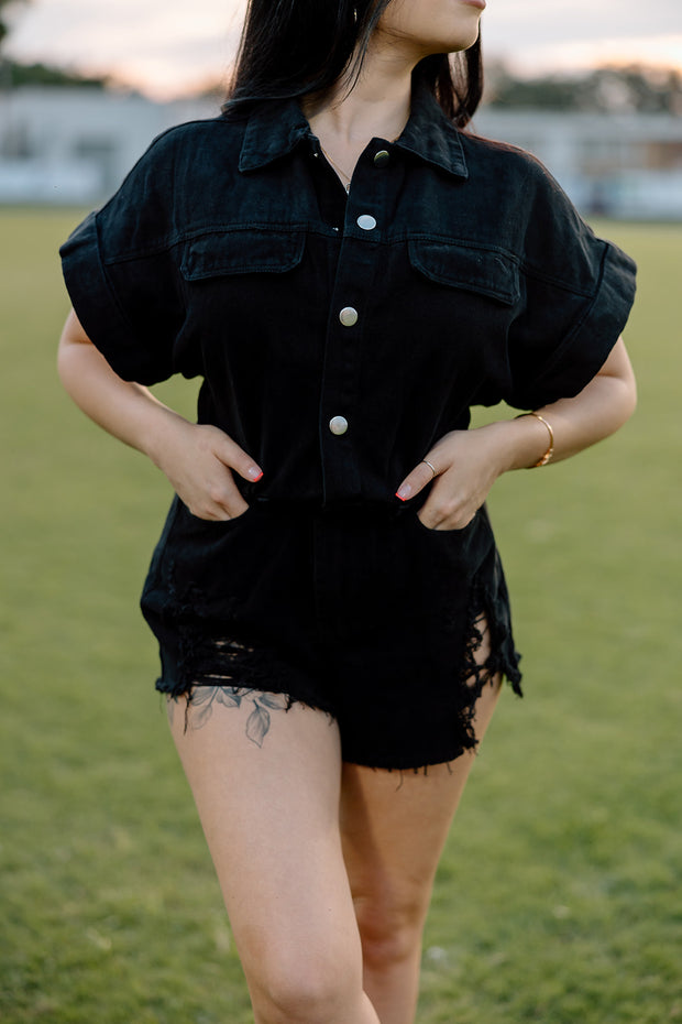 Game Time Distressed Denim Romper (Black)