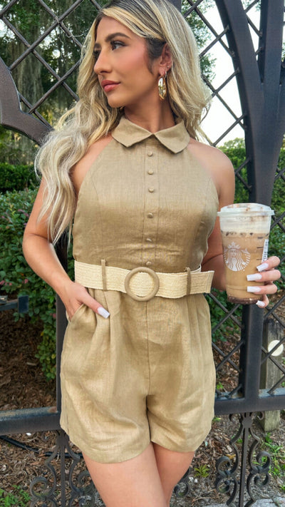 Bonnie Belted Backless Romper (Taupe)