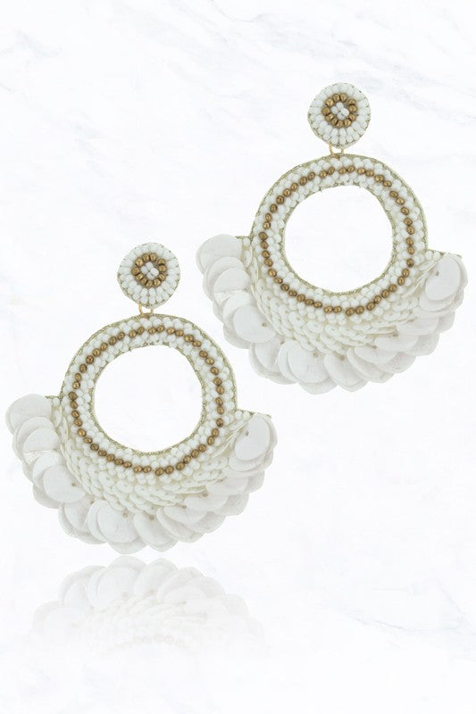 Sequins Seed Bead Circle Earrings (Ivory)