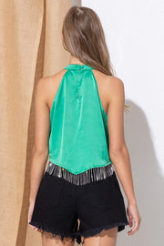 Satin Handkerchief Rhinestone Fringe Crop Top (Green)