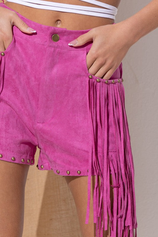 Western Barbie Studded Suede Fringe Shorts (Pink)