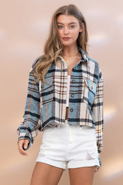 Bundle Up Plaid Cropped Shacket (Teal)