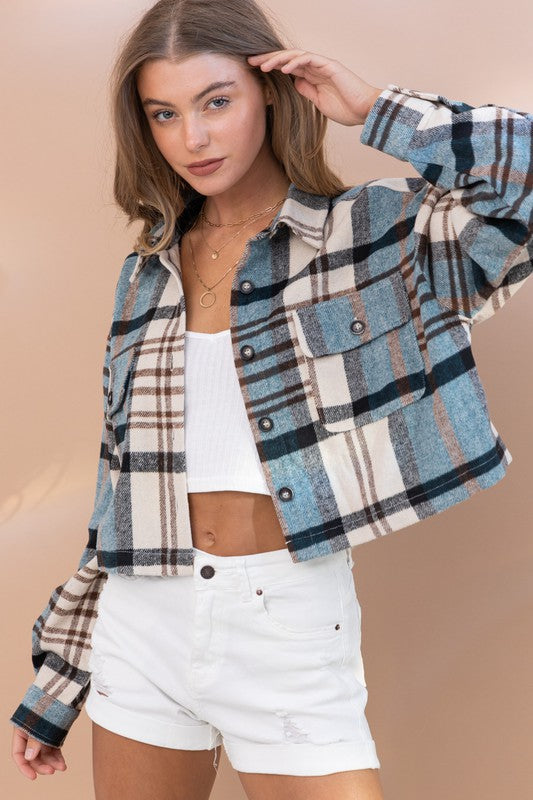 Bundle Up Plaid Cropped Shacket (Teal)