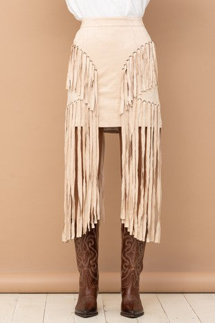 Say it ain't So Suede Long Fringe Western Skirt (Beige)