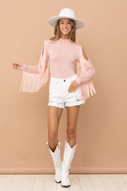 Don't Make Me Blush Fringe Bodysuit (Baby Pink)