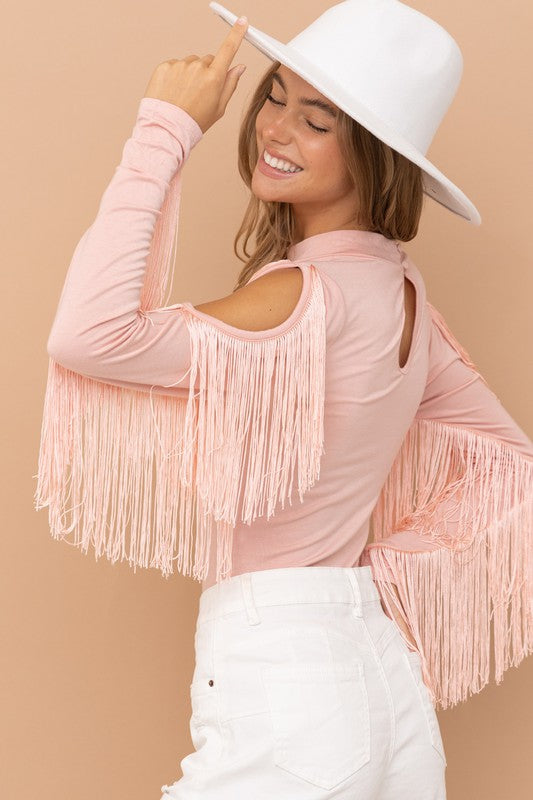 Don't Make Me Blush Fringe Bodysuit (Baby Pink)