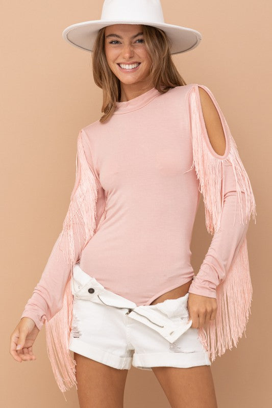 Don't Make Me Blush Fringe Bodysuit (Baby Pink)