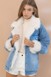 Be Fur-eal Collard Cuff Oversized Washed Denim Jacket