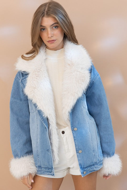 Be Fur-eal Collard Cuff Oversized Washed Denim Jacket