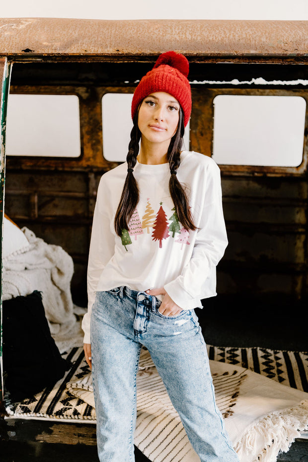 Christmas Tree Graphic Crop Top (White)