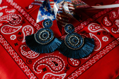 Navy Blue Beaded Tassel Earrings