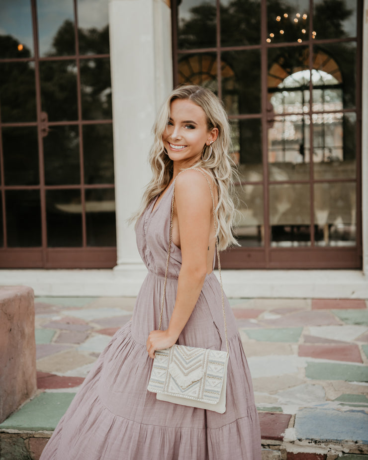 Mauve and Ivory Beaded Clutch Bag