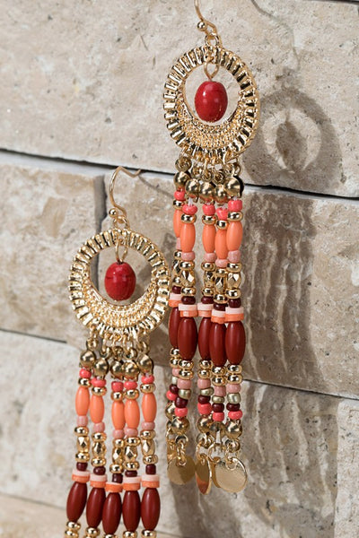 Boho Beaded Tassel Earrings (Red)