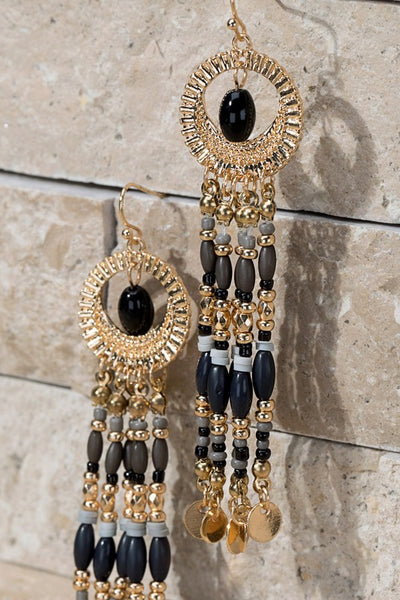 Boho Beaded Tassel Earrings (Black)