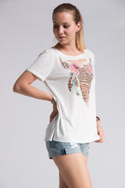 Floral Leopard Bull Skull Distressed Tee Top