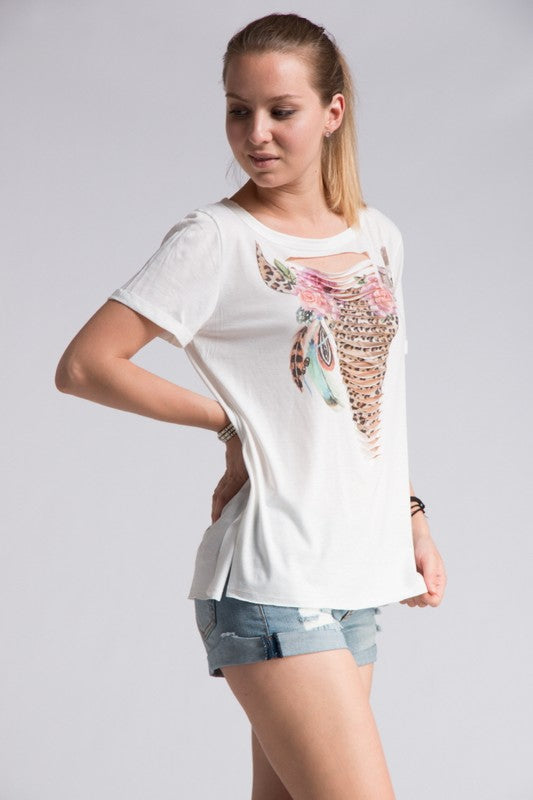 Floral Leopard Bull Skull Distressed Tee Top