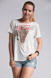 Floral Leopard Bull Skull Distressed Tee Top