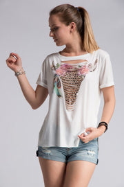 Floral Leopard Bull Skull Distressed Tee Top