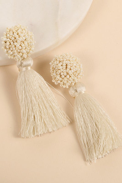 White Seed Bead Tassel Statement Earrings