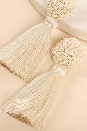 White Seed Bead Tassel Statement Earrings