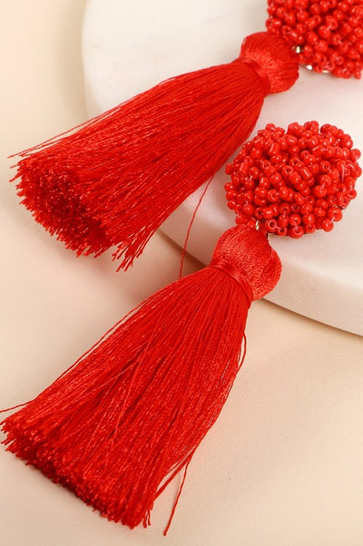 Red Seed Bead Tassel Statement Earrings