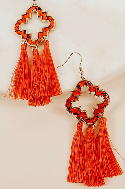 Red Orange Quatrefoil Drop Tassel Earrings