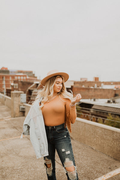 Feeling Frisky Fringe Cold Shoulder Bodysuit (Camel)